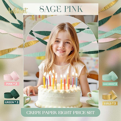 AOBKIAT Wedding Decor Sage Pink Gold Crepe Paper 8 pcs Streamers Party Decorations for Wedding,Rustic Bachelorette,Birthday,Bridal/Baby Shower,Anniversary Party Backdrop Decoration