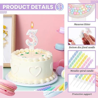 MTLEE Number 3 Birthday Candle with 12 Pcs Spiral Candles for Girls Macaron Pastel Rainbow Unicorn Pink Cake Topper for Sweet Theme Party Decoration