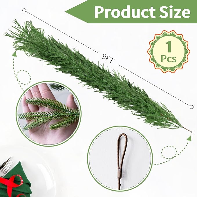 9FT Christmas Garland Artificial Norfolk Pine Garlands Real Touch Winter Green Greenery Garland Christmas Decoration Xmas Garland for Door Table Mantle Wall Indoor Outdoor Christmas Decor