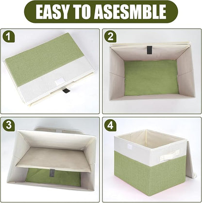 Large 22 Quart Linen Fabric Foldable Storage Bin Cube Organizer Basket with Flip-Top Lid & Handles, Clothes Blanket Box for Home, Office, Closet, Green & White, 4 Pack 14.6 x 9.5 x 9.5