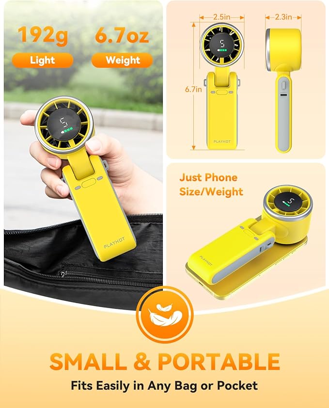 Portable Handheld Turbo Fan, 5-Speed Personal Fans, 5000mAh Rechargeable Fans Up to 12 Hours, Weight only 0.6lb Small Fan, Hand/Neck/Desk Fan 3 IN 1, Beach Vacation Essentials(Yellow)
