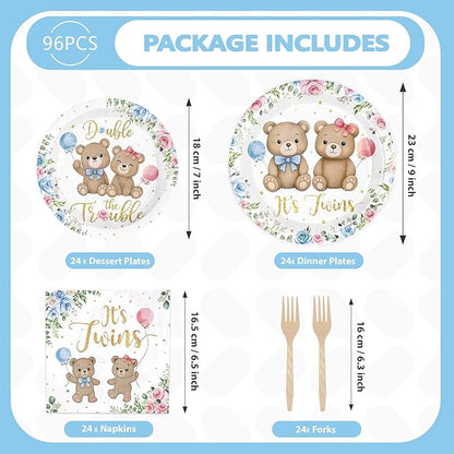 96Pcs Twin Bear Boy Girl Baby Shower Party Supplies It's Twins Pink Blue Floral Plates and Napkins Disposable Double the Trouble Tableware Set Newborn Gender Reveal Theme Party Decorations Serves 24