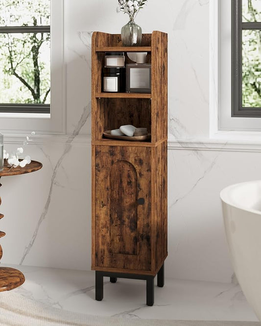 Bathroom Storage Cabinet, Small Corner Floor Cabinet with Door and Shelves, Narrow Toilet Paper Holder, Bathroom Organizer with Adjustable Shelf, for Small Spaces, Rustic Brown BC08201X