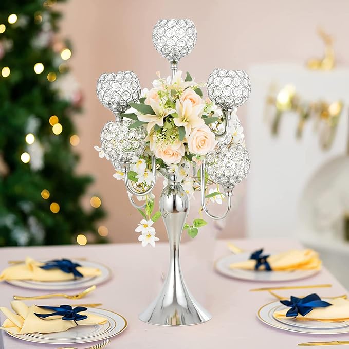 LANLONG Silver Candle Holders for Table Centerpiece 7 Arms Tall Crystal Candelabra Home Wedding Decor Christmas Decorations Centerpieces for Dinner Party Events