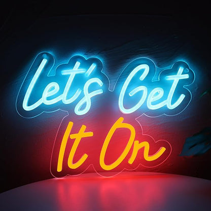 Romantic Neon Sign for Bedroom Wall Decor - “Let’s Get It On” LED Neon Wall Light - Colorful Blue Red Yellow Glow for Party, Wedding, Bar, Love Room, and Fun Atmosphere