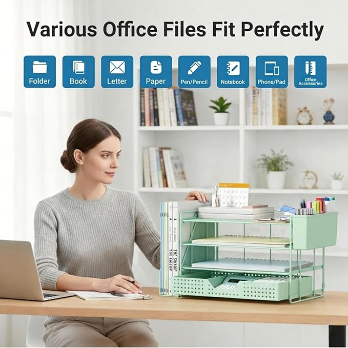 Desk Organizer, 4-Tier Paper Organizer Letter Tray with File Holder, Drawer and 2 Pen Holders, Desktop File Organizer for Office Supplies, Workspace Storage, Green