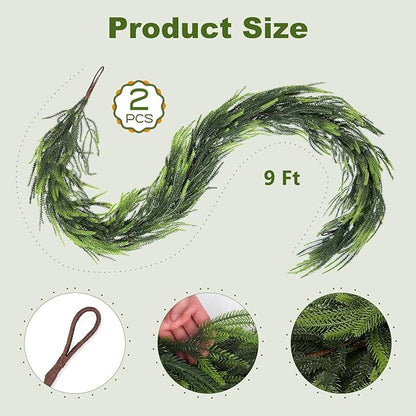 2 Pcs 9 Ft Norfolk Pine Garlands, Artificial Real Touch Winter Christmas Green Greenery Garlands for Mantle, Fireplace, Table, Wall, Outdoor, Indoor Christmas Decorations (9 FT, 2)