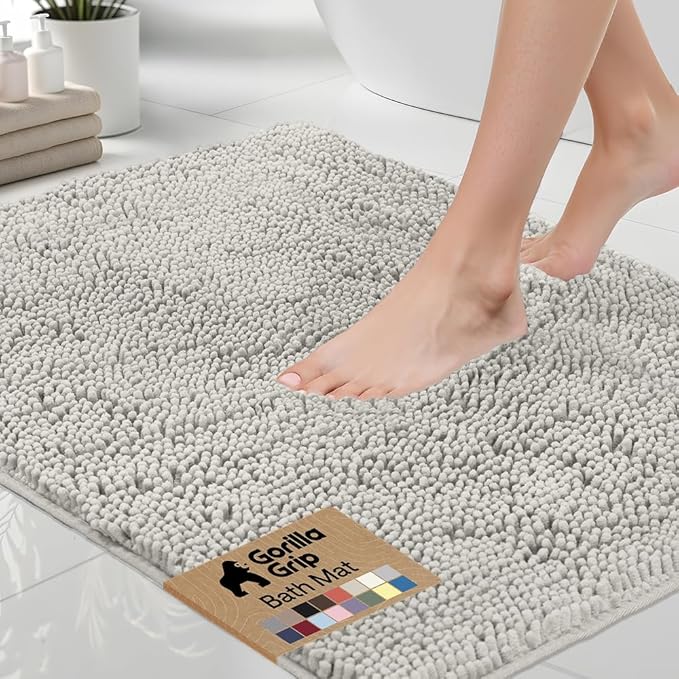 GORILLA GRIP Bath Rug Mat 48x17, Soft Absorbent Chenille, Quick Dry Microfiber Mats, Rubber Backing Washable Shower Floor Rugs, Bathmat Runner, US Designed Bathroom Home Decor Accessories Light Gray