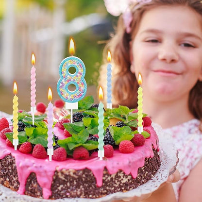 MTLEE Number 8 Birthday Candle with 12 Pcs Spiral Candles for Girls Macaron Pastel Rainbow Unicorn Pink Cake Topper for Sweet Theme Party Decoration