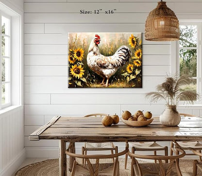ZOIYINO Farmhouse Rooster Wall Art,Chicken Farm Kitchen Wall Art,Rustic Sunflower Chicken Barn Pictures Wall Decor,Sunflower Rooster Poster for Kitchen Bathroom Dining Room Decor(16"x12")