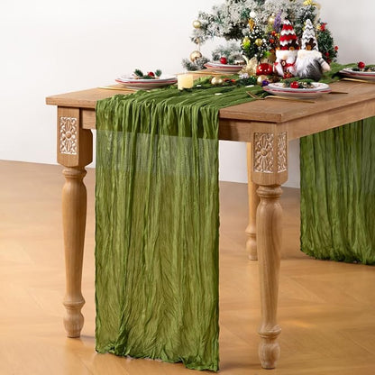 Olive Green Cheesecloth Table Runner 4 Pack Christmas Table Runners Boho Gauze 120 Inches Green Cheese Cloth Table Decora for Xmas Holiday Season Parties Wedding Bridal Baby Shower Tea Party