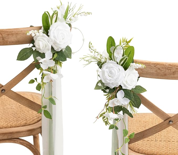 Ling's moment 8 Wedding Artificial Aisle Pew Flowers Chair Decorations Arrangements with Chiffon Ribbons Lily White for Ceremony Reception Chair Back Floral Decor Reception Church Party Outdoor