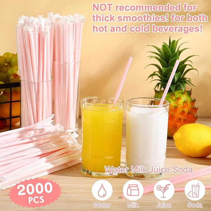 Hoolerry 1500 Pcs 8 Inch Plastic Straws Disposable Individually Wrapped Drinking Straight Long Straws, 0.24" Wide, for Hot and Cold Beverages (Pink)