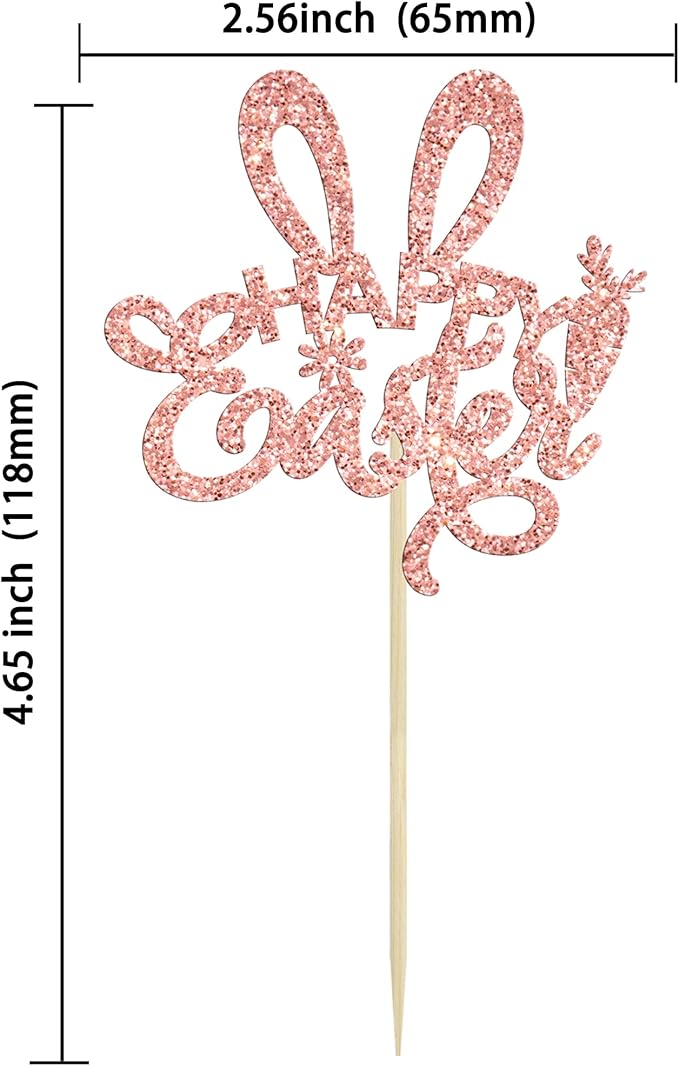 Ephlyn 24Pcs Rose Gold Glitter Easter Rabbit Ear Cupcake Picks Decorations for Happy Easter Day Theme Baby Shower Kids Birthday Party Supplies
