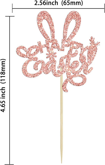 Ephlyn 24Pcs Rose Gold Glitter Easter Rabbit Ear Cupcake Picks Decorations for Happy Easter Day Theme Baby Shower Kids Birthday Party Supplies
