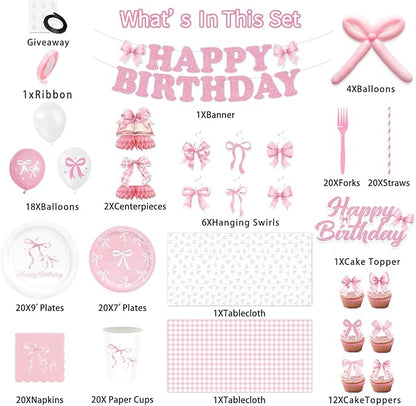 190PCS Pink Bow Party Supplies Birthday Decorations Coquette Disposable Plates Napkins Set, Banner, Hanging Swirls, Tablecloth, Cake Topper, Balloon, Honeycomb Centerpieces Table Decorations