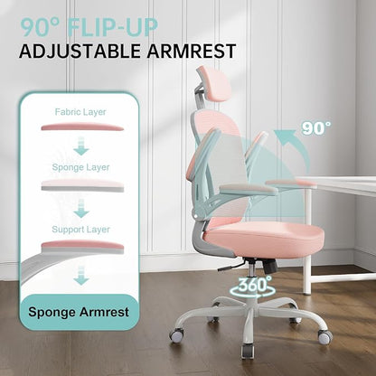 Synorla Office Chair Ergonomic Desk Chair, 330LBS Capacity, High Back Computer Design for Long Hours Comfort, Rolling Swivel Executive Task for Home Office with Flip-up Armrests (Grey Pink)