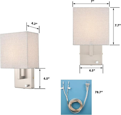 YUBOLE Modern Wall Sconces Brushed Nickel-Plug in(Received Version) and Hardwired Design Wall Light with Dimmable Switch for Bedroom Bathroom Set of 2
