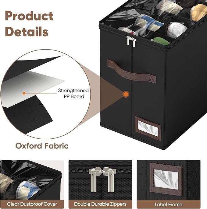 OIAHOMY 4 Pack Shoe Organizer for Closet, Foldable Shoe Storage Bins with Adjustable Dividers, Stackable Oxford Cloth Sneaker Boxes for Entryway Bedroom, Fits Up to 32 Pairs, Black