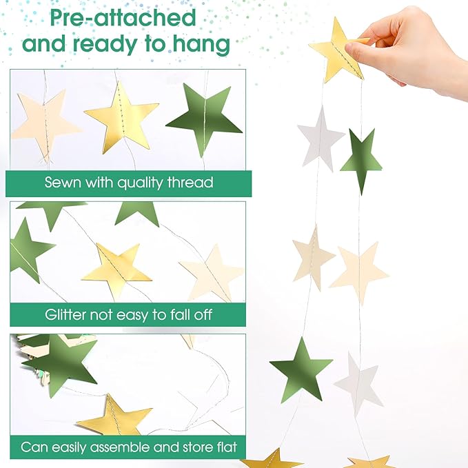 Patelai Glitter Star Garland Banner Christmas Decor 130 Feet Star Hanging Bunting Banner Twinkle Backdrop for Homecoming Classroom Wedding Birthday Halloween Party Supplies(Sage Green, Gold, White)