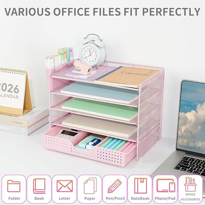 Desk Organizers and Accessories, 5-Tier Paper Letter Tray Organizer with Drawer & 2 Pen Holders, Desktop Organizer for Office Supplies (Pink)