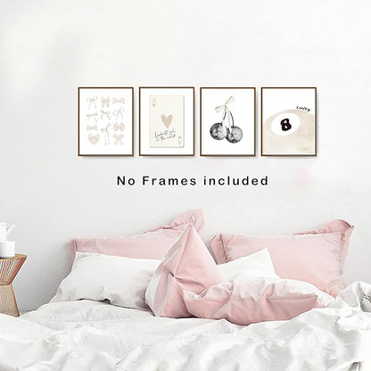 okaxscm Beige Coquette Trendy Preppy Wall Art Prints Set of 4, Coquette Room Decor, Preppy Room Decor Aesthetic, Beige Bow Disco 8 Ball Cherry Wall Decor Posters for Girls Bedroom Dorm, 8x10 Unframed