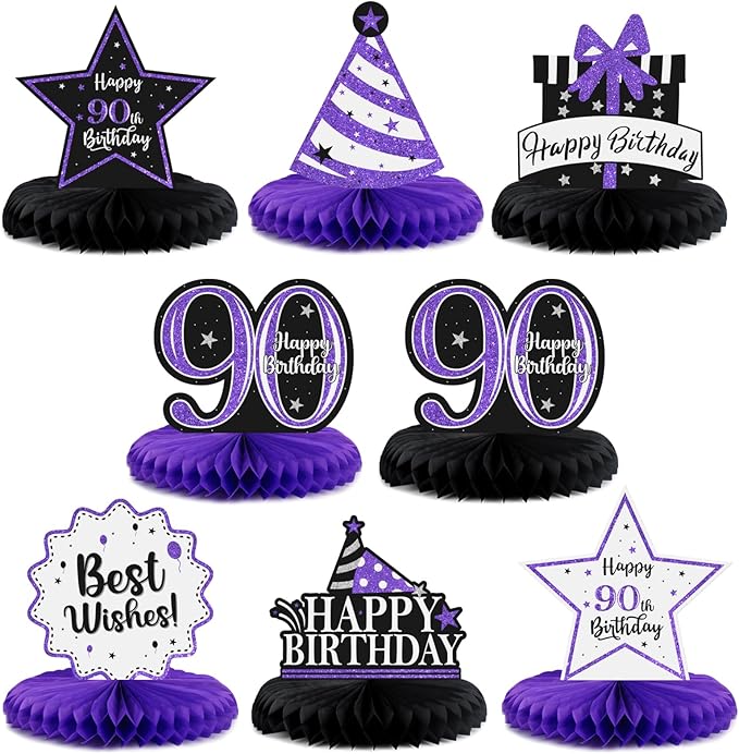 Happy 90th Birthday Decorations,90th Bday Purple Glitter Shiny Stand Honeycomb Table Centerpieces - Cheers to Ninety Years Old Birthday Party Photoprop Gift Sign.