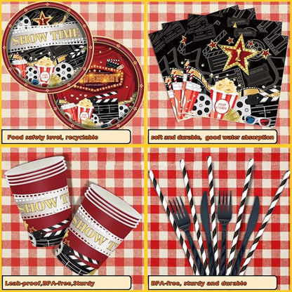 168Pcs Movie Night Party Supplies Movie Theme Birthday Decorations Include Movie Star Plates and Napkins Cups Straws Cutlery Serve 24, Disposable Party Snack Tableware