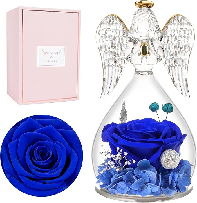 Miofula Preserved Flower Rose Birthday Gifts for Mom, Angel Figurines with Forever Real Rose Gifts for Her Mom Grandma, Angels Gifts for Mothers Day Christmas Anniversary Thanksgiving Birthday Gifts