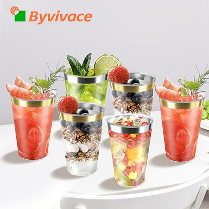 12OZ Plastic Cups with Gold Rimmed Sturdy & Food Safe Disposable Wine Glasses Weeding Party Cups Disposable Drinking Cups Plastic Cocktail Glasses for Wine, Juice & Cold Beverages [200 Pack]