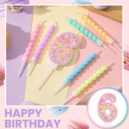 MTLEE Number 6 Birthday Candle with 12 Pcs Spiral Candles for Girls Macaron Pastel Rainbow Unicorn Pink Cake Topper for Sweet Theme Party Decoration