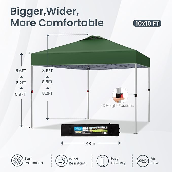 PHI VILLA Outdoor Pop up Canopy 10'x10' Tent Camping Sun Shelter-Series Party Tent, 100 Sq. Ft of Shade (Green)