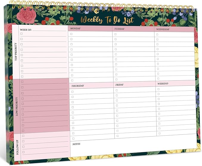 Taja Weekly To Do List Notepad with 52 Undated Sheets（8.5"×11"）- Weekly Desk Planner for Women & Man, Work and Home - 1 Pack Berry Floral