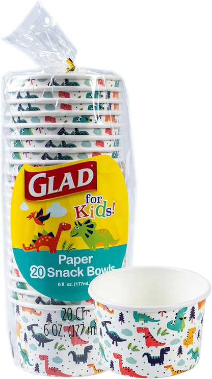 Glad for Kids Dinosaur Paper MINI Snack Bowls, Lids Not Included - Disposable Paper Cups with Dino Design for Kids, Heavy Duty Small Size, 6 Ounces, 20 Count