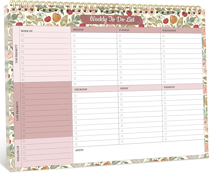 Taja Weekly To Do List Notepad with 52 Undated Sheets（8.5"×11"）- Weekly Desk Planner for Women & Man, Work and Home - 1 Pack Cherry Orchard
