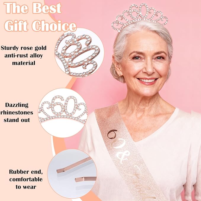 60th Birthday Decoration for Women, Rose Gold 60 & Fabulous Birthday Sash and Rhinestone Headband for Women's 60th Birthday Gifts Crown Tiara Party Decor