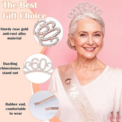 60th Birthday Decoration for Women, Rose Gold 60 & Fabulous Birthday Sash and Rhinestone Headband for Women's 60th Birthday Gifts Crown Tiara Party Decor