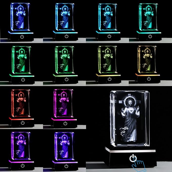 Movdyka 3D Crystal Cross Jesus Missionary Figurine with Colorful Light Base, Religious Gifts for Women Men Christian, Laser Engrave Inspirational Gifts for Friends Faith on Birthday Unique