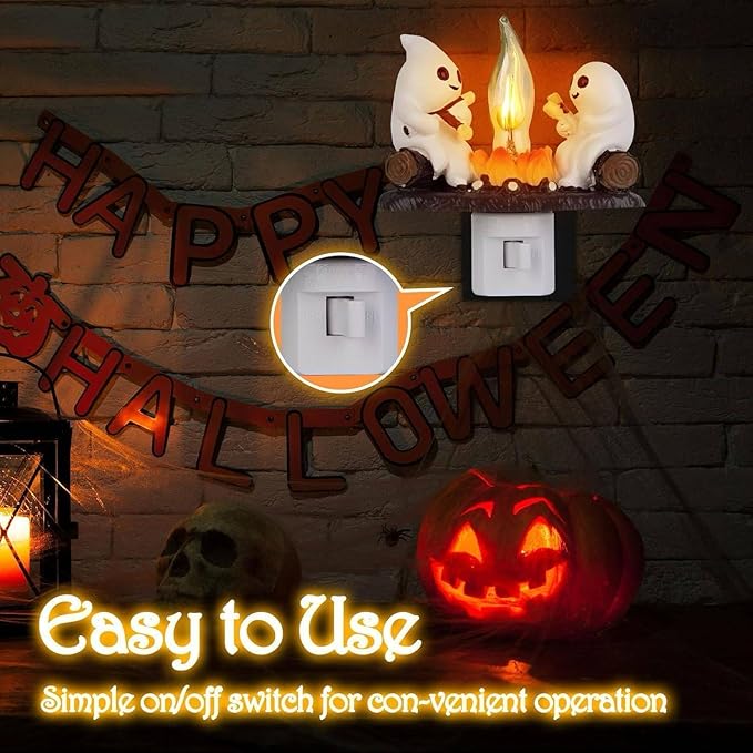 Ghost Campfire Night Light, White Plastic, LED Flickering Flame Effect, Indoor Decorative Wall Plug-in, Spooky Decor for Kids Bedroom