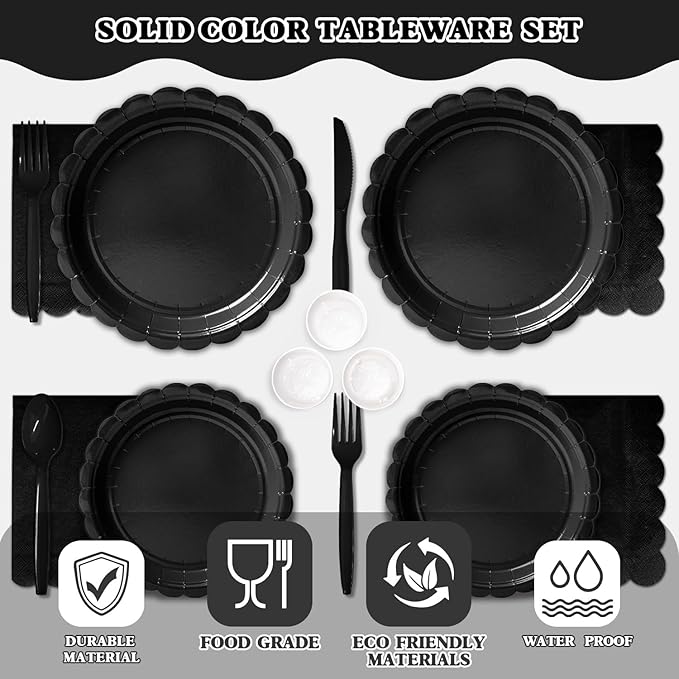 Vyntra 350 PCS Disposable Plates for Party, Paper Plates & Napkins Set with Cups, Knives, Forks, Spoons, 7'' Dessert and 9'' Dinner Plates for Birthday, New Year’s Eve, Graduation - Black