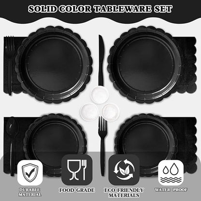 Vyntra 350 PCS Disposable Plates for Party, Paper Plates & Napkins Set with Cups, Knives, Forks, Spoons, 7'' Dessert and 9'' Dinner Plates for Birthday, New Year’s Eve, Graduation - Black