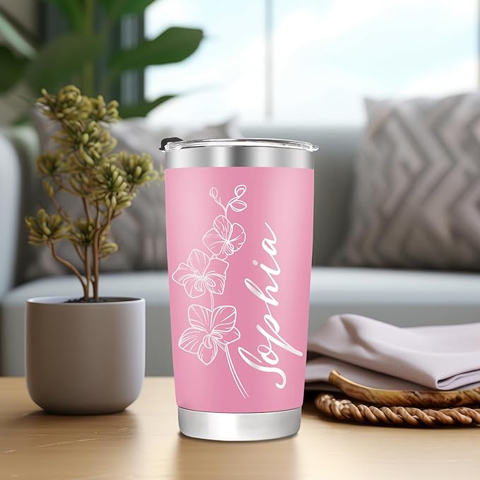 Personalized Tumbler with Name & Birth Flower Month, Custom Coffee Tumbler Stainless Steel Travel Mug Cup 20 Oz Personalized Gifts for Birthday Christmas Anniversary for Dad Mom Kids