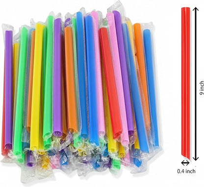 700 Pcs Jumbo Straws (0.43" Diameter × 9" Long) Plastic Straws Individually Wrapped, Colorful Disposable Drinking Straws for Bubble Tea, Smoothies, Juice, and Party Beverages