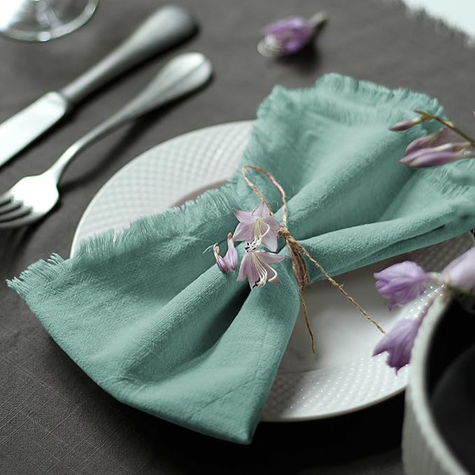 Handmade Cloth Napkins 100% Cotton Napkins with Fringe，Delicate Handmade Cloth Napkins for Dinners, Parties, Weddings and More，18 x 18 Inch Set of 12 - Turquoise