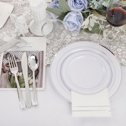 GATHER 350PCS Silver Plastic Plates - White and Silver Disposable Plates for 50 Guests Includes 50 Dinner Plates 50 Dessert Plate 50 Napkins 150 Silvery Cutlery and 50 Cups for Party & Christmas