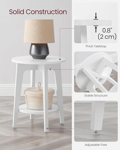 VASAGLE MAEZO Collection - Side Table, 2-Tier Small Round End Table, Nightstand with Tapered Legs, Curved Transitions, for Small Spaces, Living Room, Bedroom, Cloud White ULET283T14 | Lower Shelf, Small Spaces, Living Room, Bedroom