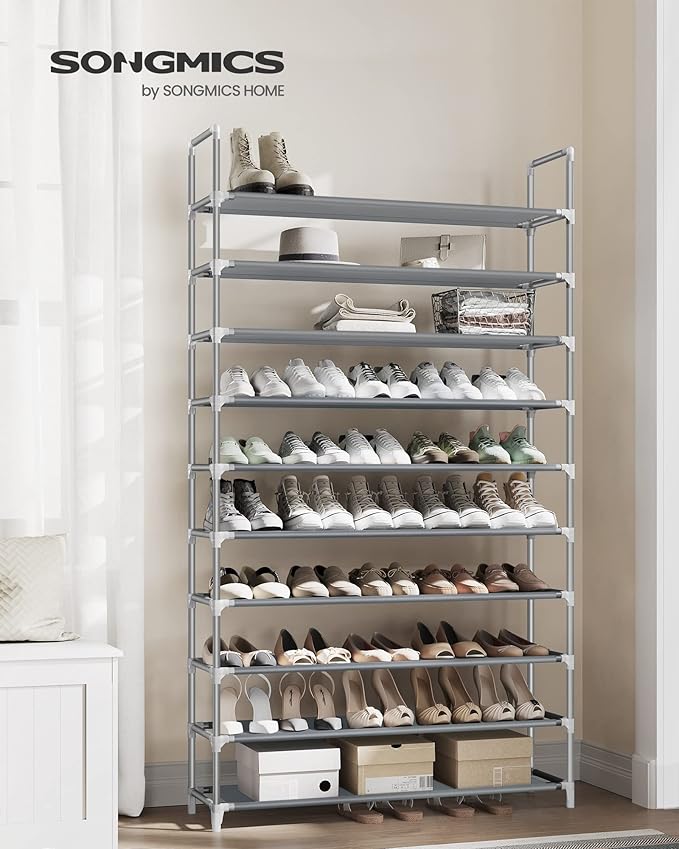 SONGMICS Shoe Rack, 10-Tier Shoe Shelf, Shoe Storage Organizer, 11 x 37 x 68.9 Inches, Metal Frame, Non-Woven Fabric Shelves, for Entryway, Bedroom, Gray ULSR10G