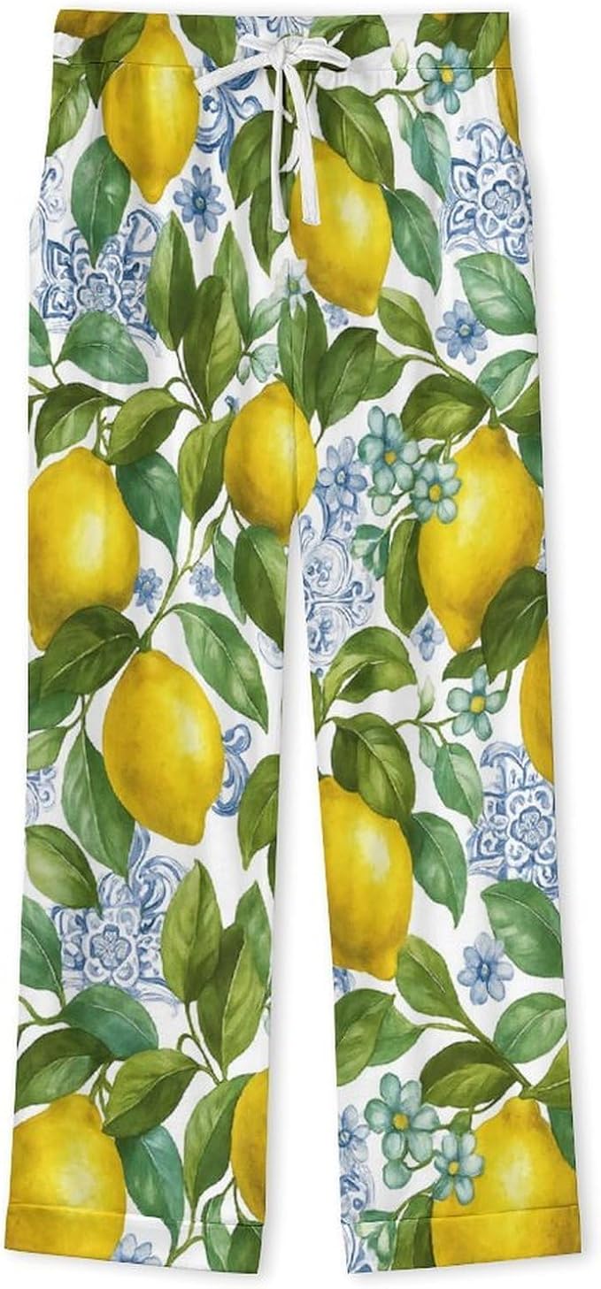 Lemons Leaves Ceramic Style Womens Pajama Set Long Sleeve Pajamas Top And Pants Soft Loungewear Pjs Sets