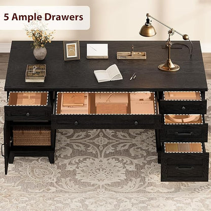 60 Inch Farmhouse Executive Desk with File Drawers for Home Office, Large Computer Desk with Storage Cabinet & Charging Station, Wooden Writing Table with Power Outlets & USB Ports for Work Study