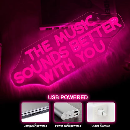 NOSUN The Music Sounds Better with You Neon Sign Romance Neon Signs for Wall Decor Led Neon Sign Aesthetic Room Decor for Teen Girls Neon Lights Signs for Bedroom Salon Party Pink Light